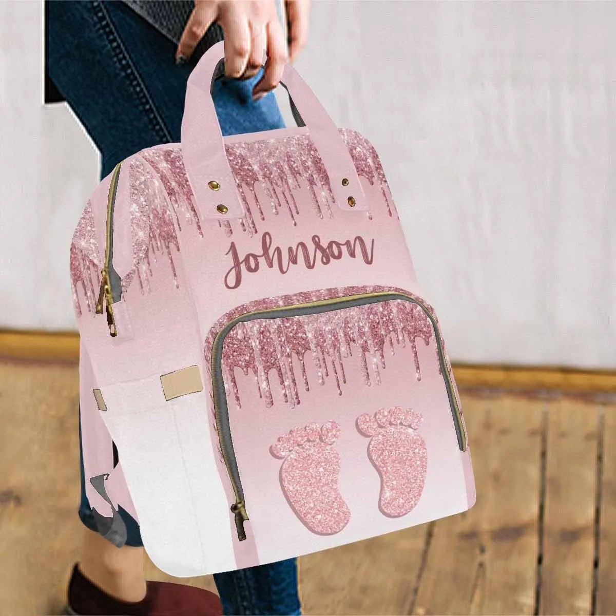 Custom Diaper Bag Backpack Personalized Glitter Drips Rose Gold Feet Backpack with Text Bag Nursing Bags Fashion Shoulders Bag Casual Daypack Travel Multipurpose Bag for Men Women