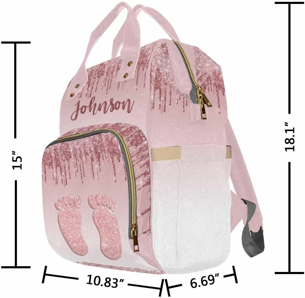 Custom Diaper Bag Backpack Personalized Glitter Drips Rose Gold Feet Backpack with Text Bag Nursing Bags Fashion Shoulders Bag Casual Daypack Travel Multipurpose Bag for Men Women