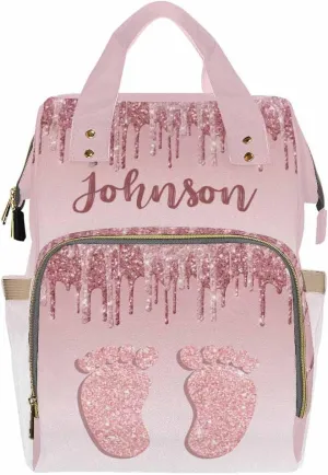 Custom Diaper Bag Backpack Personalized Glitter Drips Rose Gold Feet Backpack with Text Bag Nursing Bags Fashion Shoulders Bag Casual Daypack Travel Multipurpose Bag for Men Women