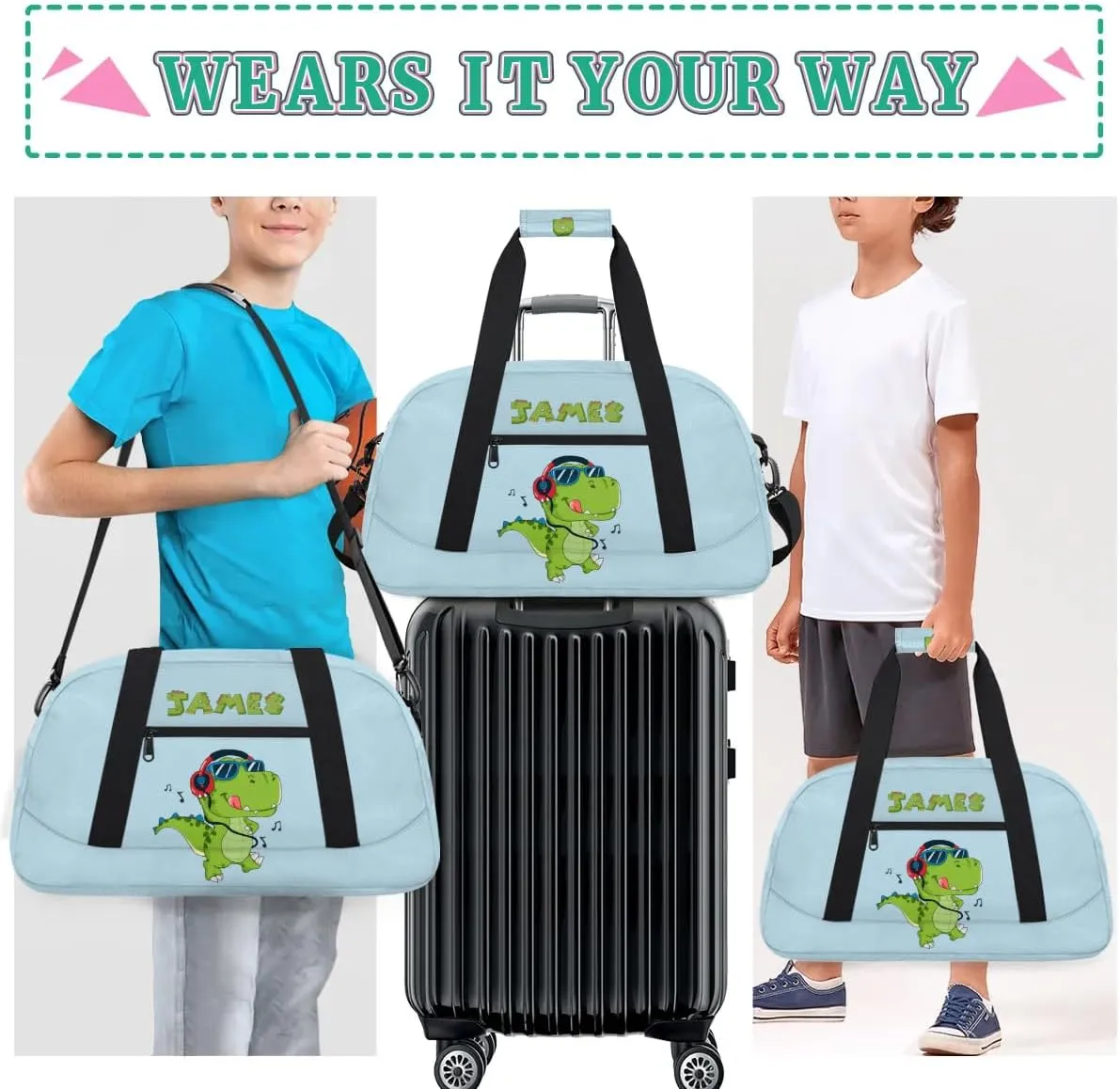Custom Duffel Bag for Kids Small Sports Gym Bag for Boys Overnight Bag Kids Travel Luggage Bag Music Dinosaur Blue Sports Bag