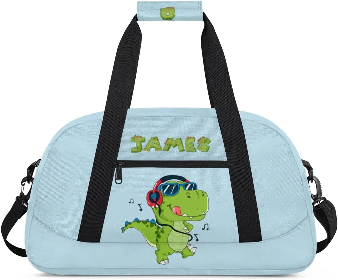 Custom Duffel Bag for Kids Small Sports Gym Bag for Boys Overnight Bag Kids Travel Luggage Bag Music Dinosaur Blue Sports Bag