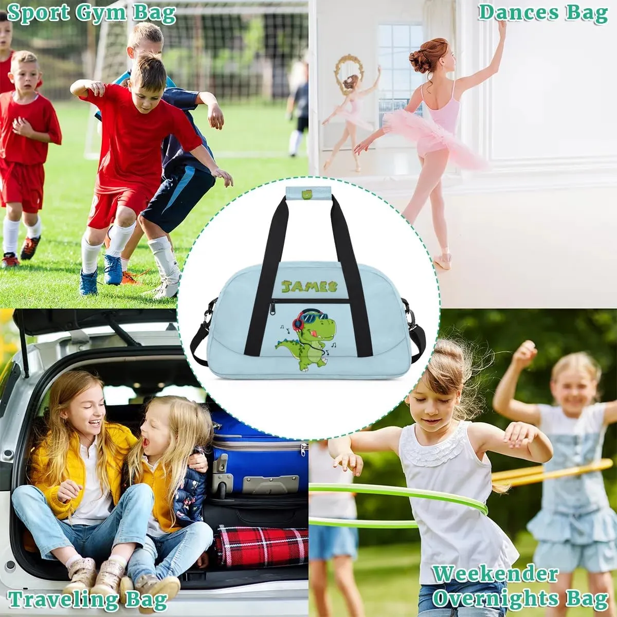 Custom Duffel Bag for Kids Small Sports Gym Bag for Boys Overnight Bag Kids Travel Luggage Bag Music Dinosaur Blue Sports Bag