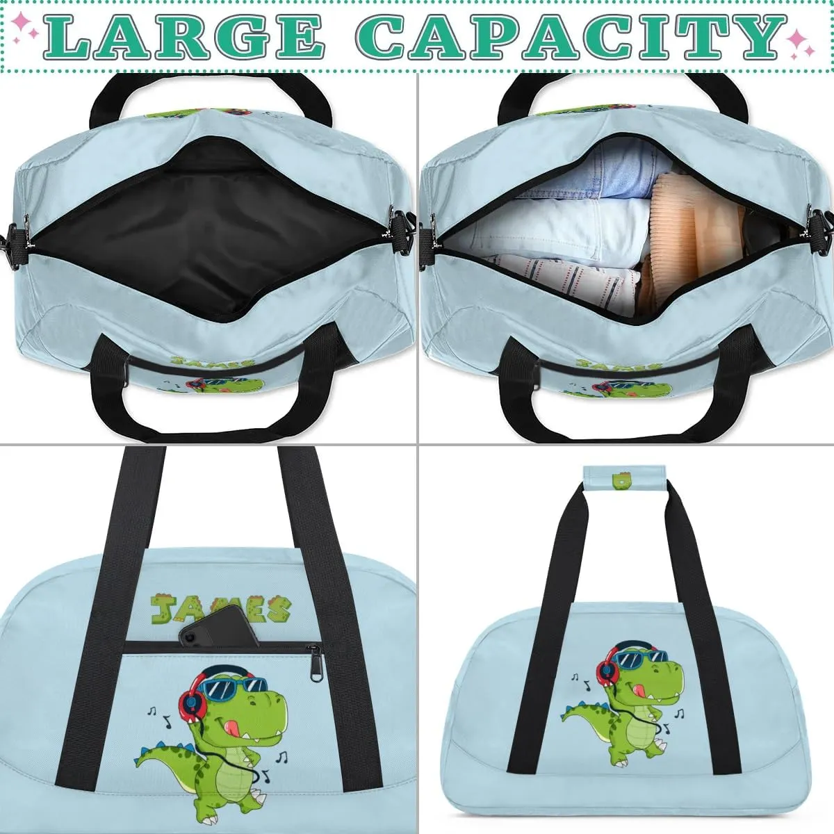 Custom Duffel Bag for Kids Small Sports Gym Bag for Boys Overnight Bag Kids Travel Luggage Bag Music Dinosaur Blue Sports Bag