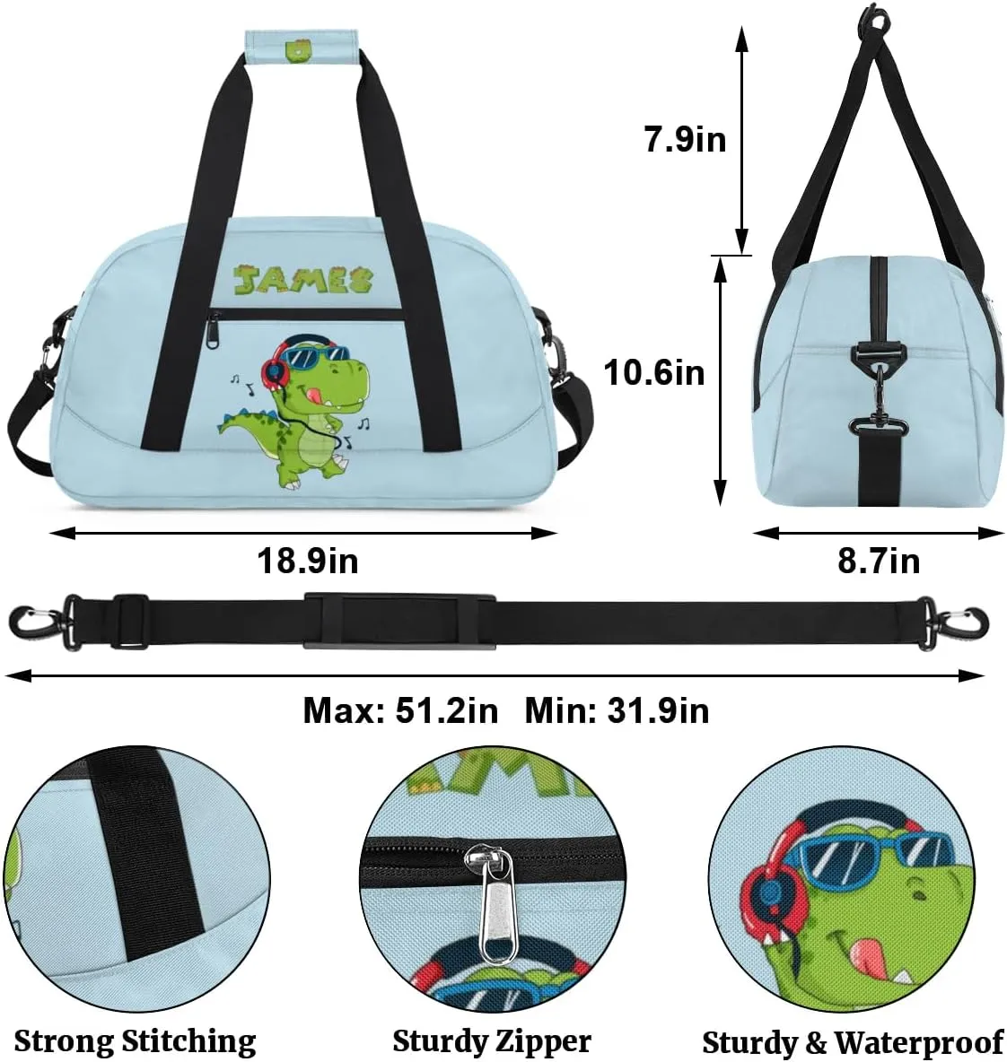 Custom Duffel Bag for Kids Small Sports Gym Bag for Boys Overnight Bag Kids Travel Luggage Bag Music Dinosaur Blue Sports Bag