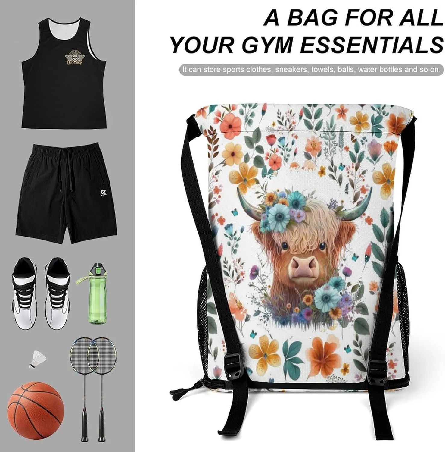 Custom Highland Cow Drawstring Backpack - Cute Cinch Sack, String Backpacks with Pocket for Kids Women Men Boys Girls for Gym Outdoor Sports Travel Athletic Drawstring Bag - Lightweight/Foldable
