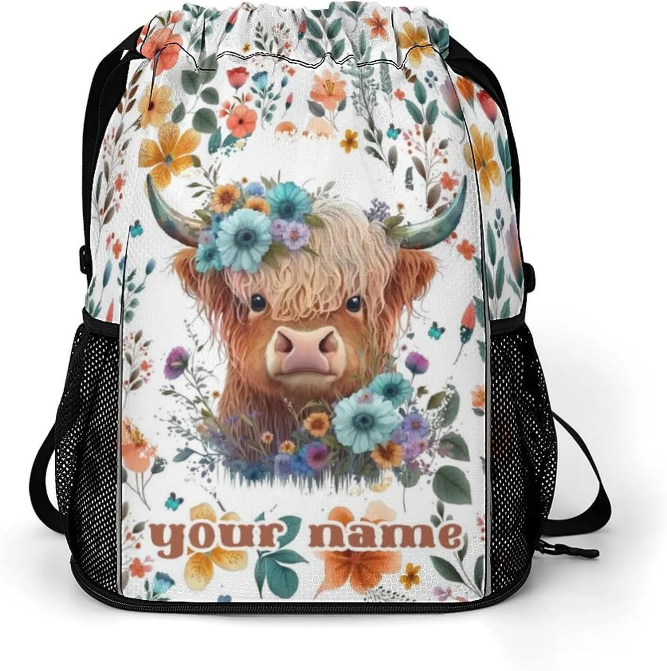 Custom Highland Cow Drawstring Backpack - Cute Cinch Sack, String Backpacks with Pocket for Kids Women Men Boys Girls for Gym Outdoor Sports Travel Athletic Drawstring Bag - Lightweight/Foldable