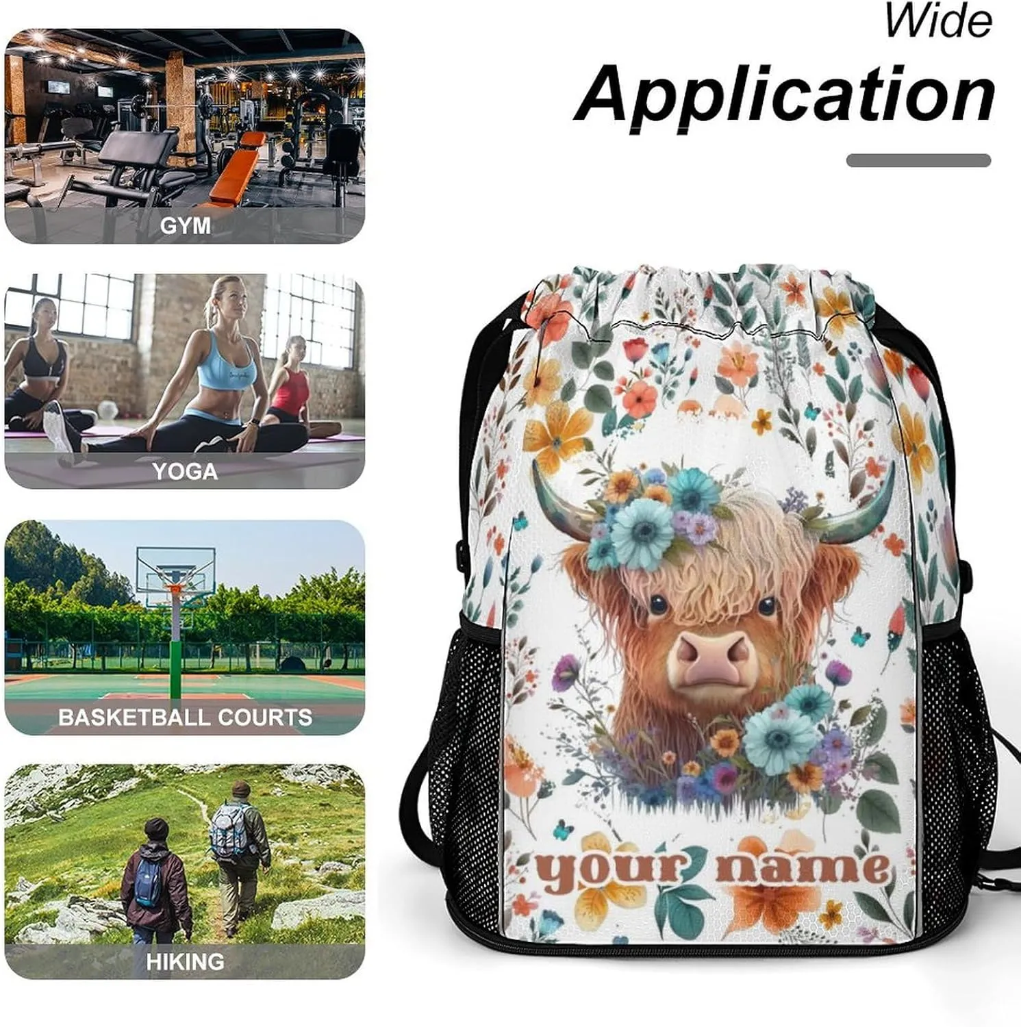 Custom Highland Cow Drawstring Backpack - Cute Cinch Sack, String Backpacks with Pocket for Kids Women Men Boys Girls for Gym Outdoor Sports Travel Athletic Drawstring Bag - Lightweight/Foldable