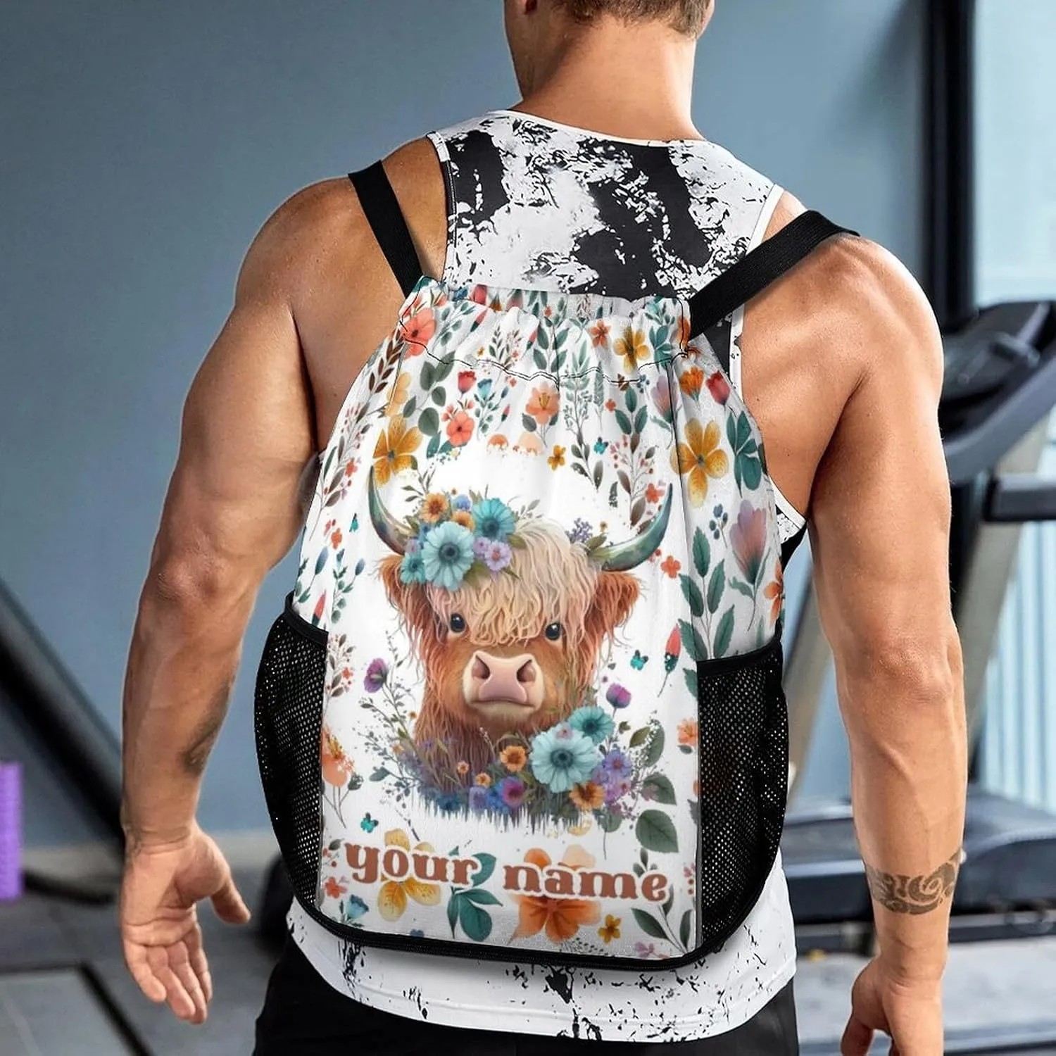 Custom Highland Cow Drawstring Backpack - Cute Cinch Sack, String Backpacks with Pocket for Kids Women Men Boys Girls for Gym Outdoor Sports Travel Athletic Drawstring Bag - Lightweight/Foldable