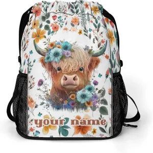 Custom Highland Cow Drawstring Backpack - Cute Cinch Sack, String Backpacks with Pocket for Kids Women Men Boys Girls for Gym Outdoor Sports Travel Athletic Drawstring Bag - Lightweight/Foldable