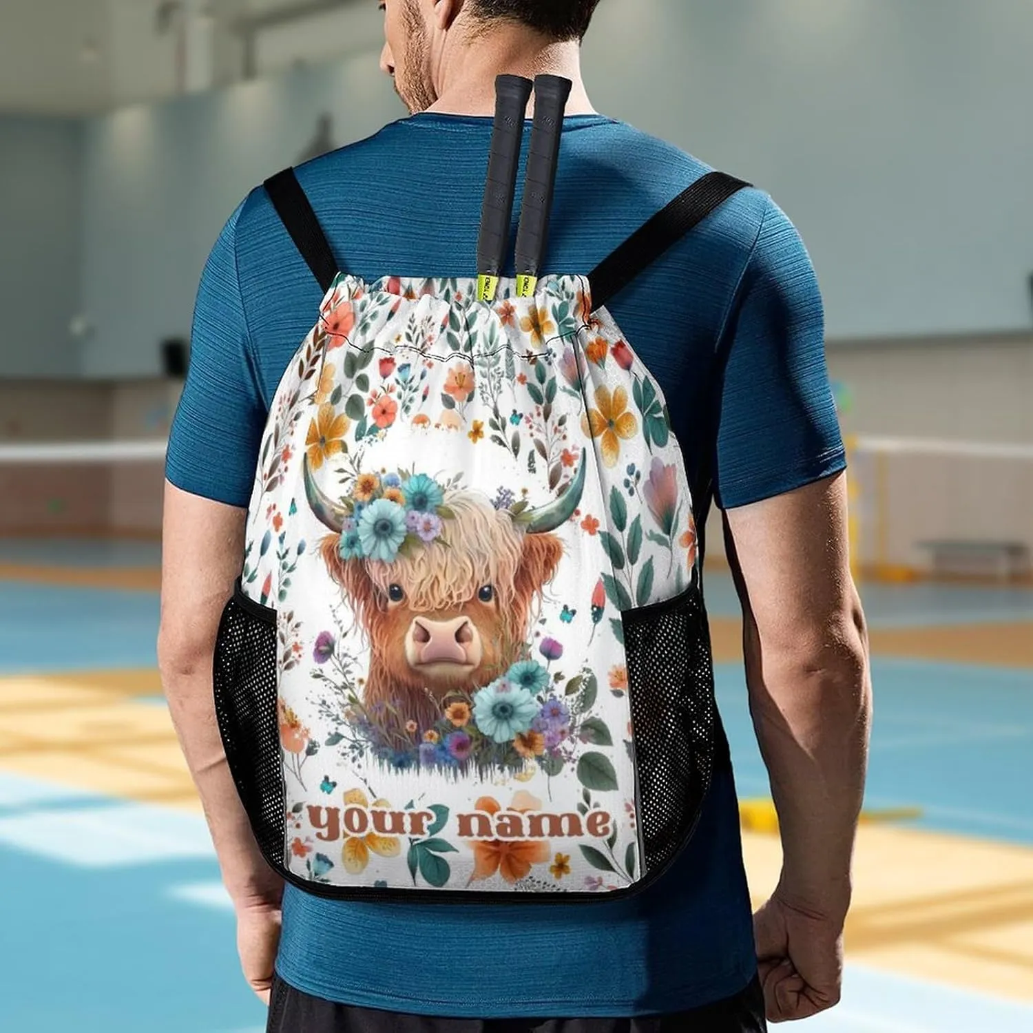 Custom Highland Cow Drawstring Backpack - Cute Cinch Sack, String Backpacks with Pocket for Kids Women Men Boys Girls for Gym Outdoor Sports Travel Athletic Drawstring Bag - Lightweight/Foldable