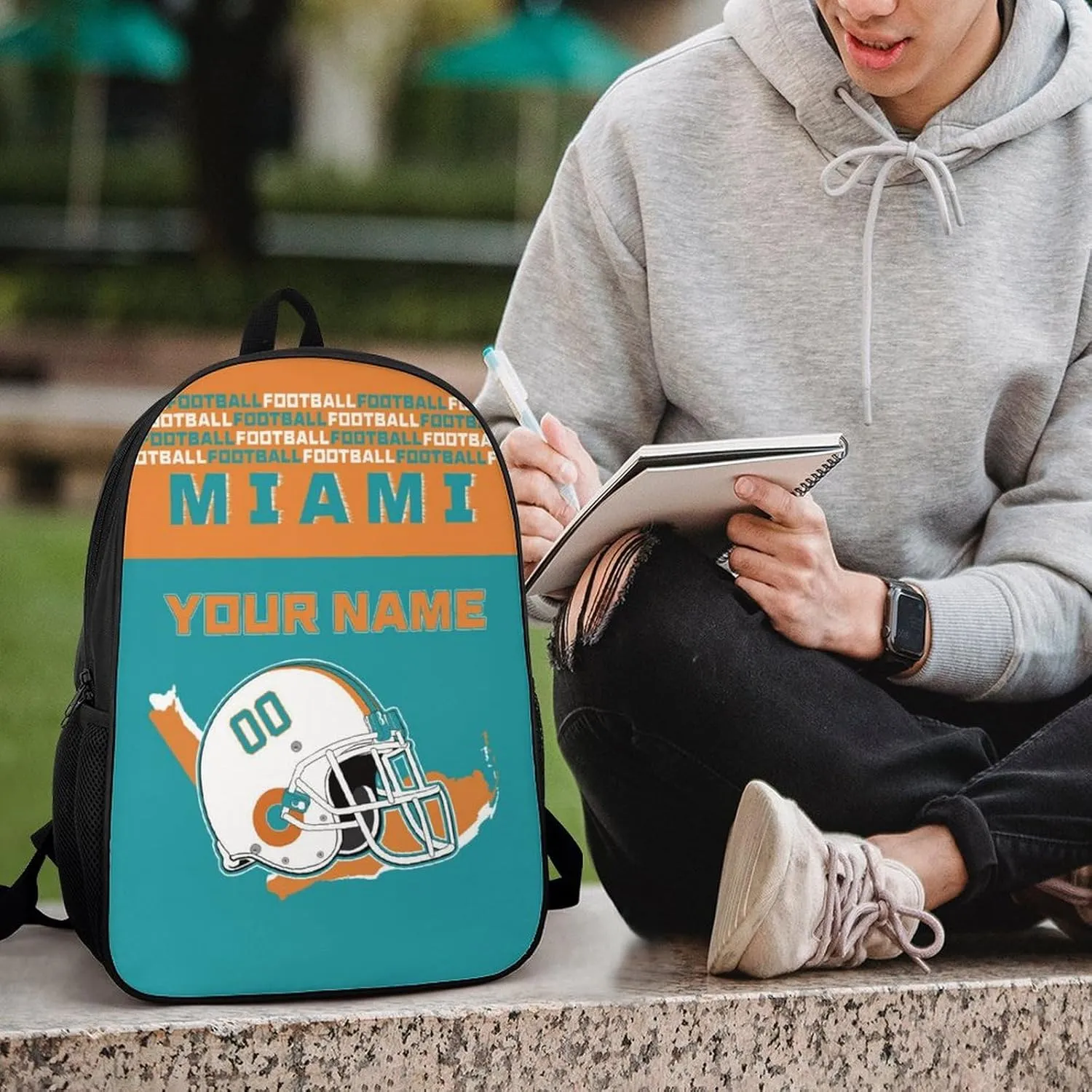 Custom Miami Backpack Personalized Name Number 17 Inch Large Capacity Laptop Bag Travel Daypack for Men Women Boys Gifts