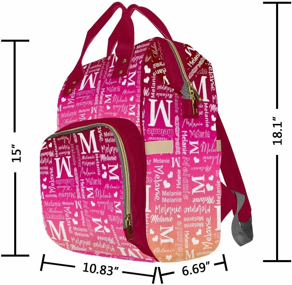 Custom Name Diaper Backpack - Personalized Purple Red Gradient Signature Laptop Backpack With Monogram - Nursing Shoulders Bag, Casual Daypack Travel for Women