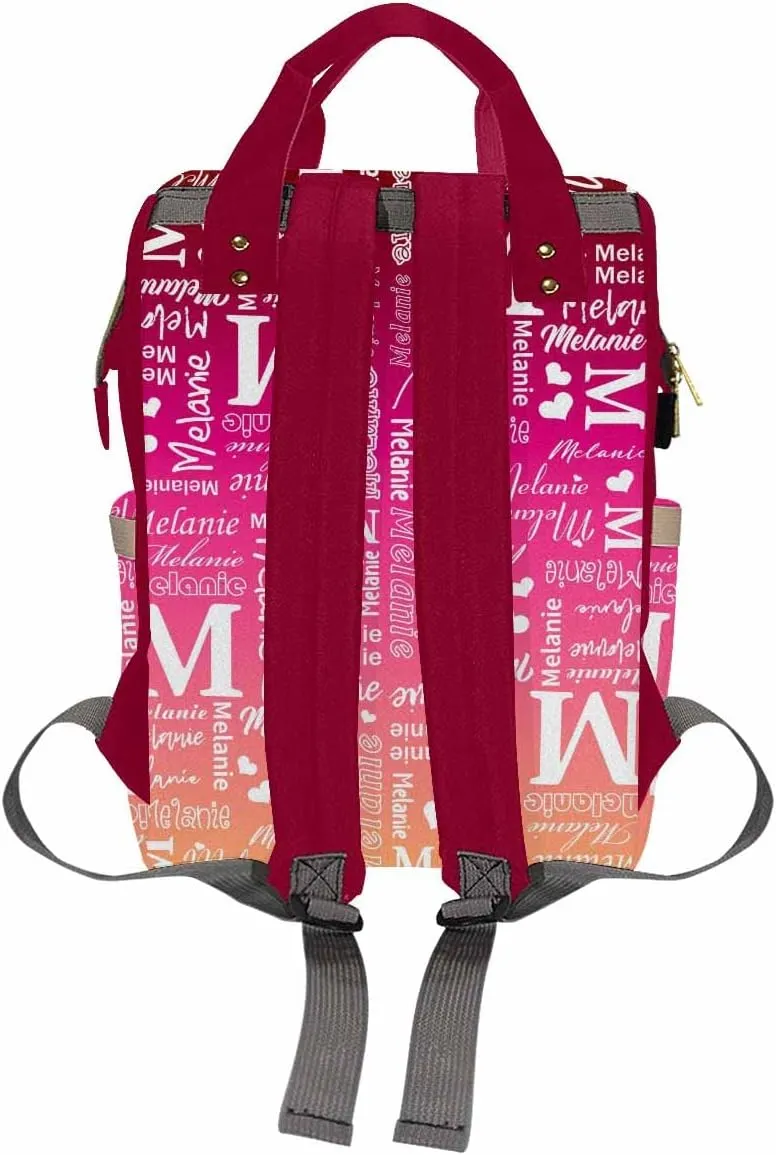 Custom Name Diaper Backpack - Personalized Purple Red Gradient Signature Laptop Backpack With Monogram - Nursing Shoulders Bag, Casual Daypack Travel for Women