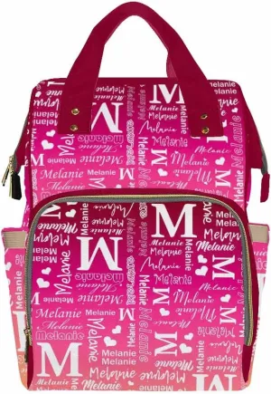 Custom Name Diaper Backpack - Personalized Purple Red Gradient Signature Laptop Backpack With Monogram - Nursing Shoulders Bag, Casual Daypack Travel for Women