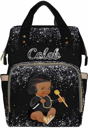Custom Name Diaper Bag Backpack with Prince Glitter Dot Design, Black, 10.83" L x 6.69" W x 15" H, Waterproof Nylon, Insulated Milk Bottle Pockets, Unisex