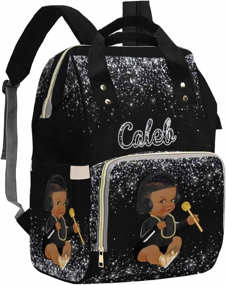 Custom Name Diaper Bag Backpack with Prince Glitter Dot Design, Black, 10.83" L x 6.69" W x 15" H, Waterproof Nylon, Insulated Milk Bottle Pockets, Unisex