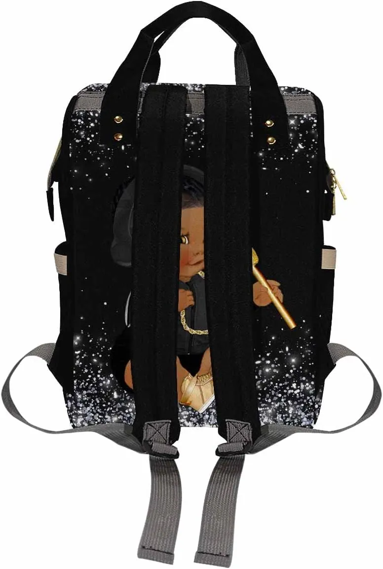 Custom Name Diaper Bag Backpack with Prince Glitter Dot Design, Black, 10.83" L x 6.69" W x 15" H, Waterproof Nylon, Insulated Milk Bottle Pockets, Unisex