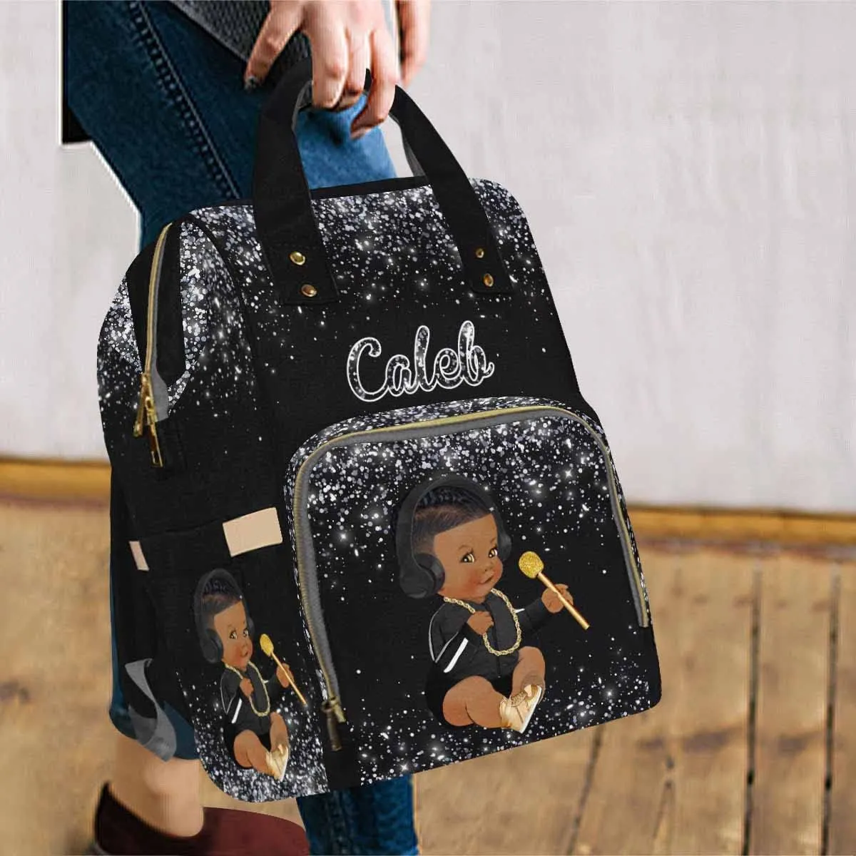 Custom Name Diaper Bag Backpack with Prince Glitter Dot Design, Black, 10.83" L x 6.69" W x 15" H, Waterproof Nylon, Insulated Milk Bottle Pockets, Unisex