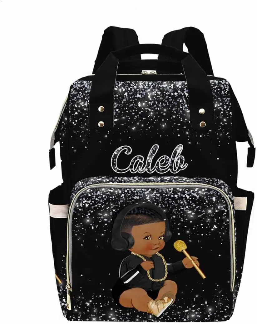 Custom Name Diaper Bag Backpack with Prince Glitter Dot Design, Black, 10.83" L x 6.69" W x 15" H, Waterproof Nylon, Insulated Milk Bottle Pockets, Unisex