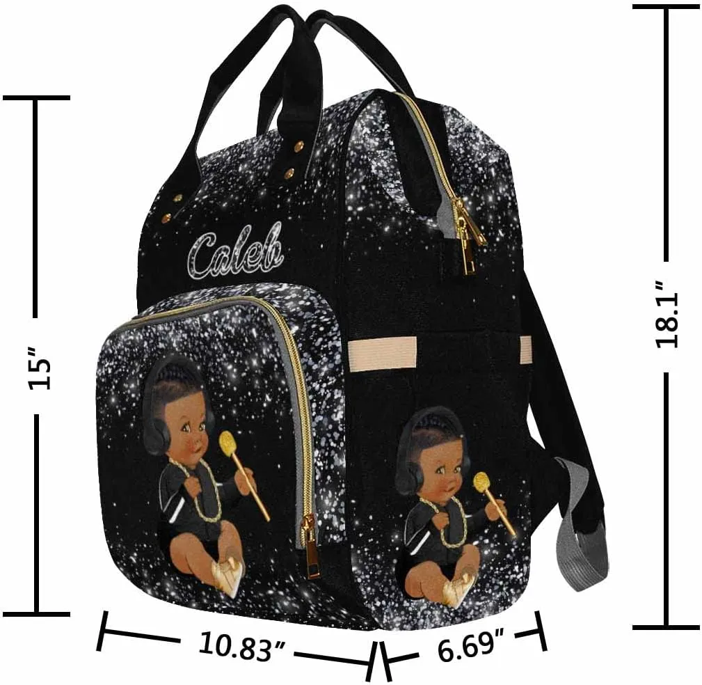 Custom Name Diaper Bag Backpack with Prince Glitter Dot Design, Black, 10.83" L x 6.69" W x 15" H, Waterproof Nylon, Insulated Milk Bottle Pockets, Unisex