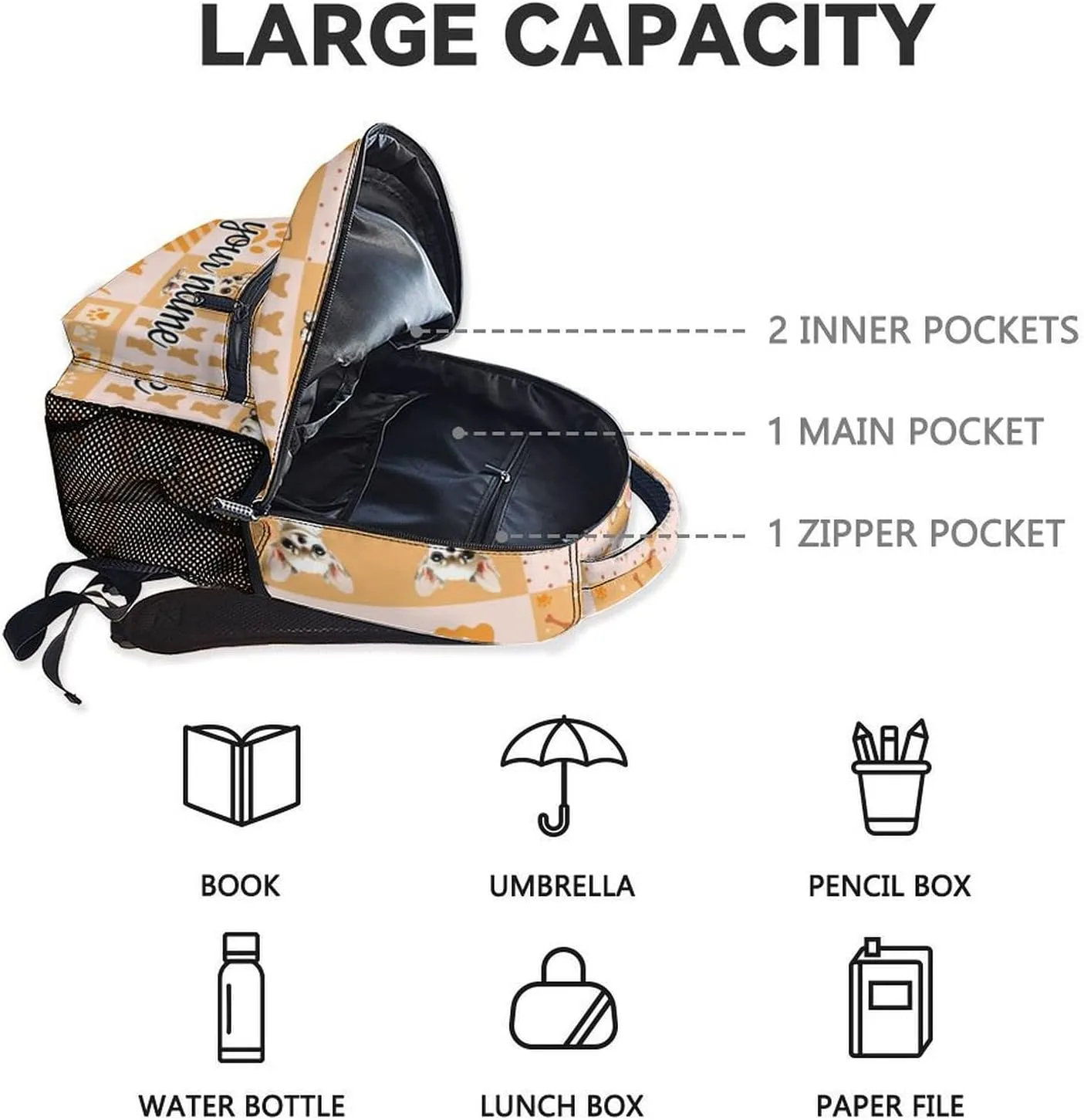Custom School Backpack for Kids, 17 Inch Yellow Chihuahua Backpacks for Girls, Cute Portable Bookbag for Middle High School