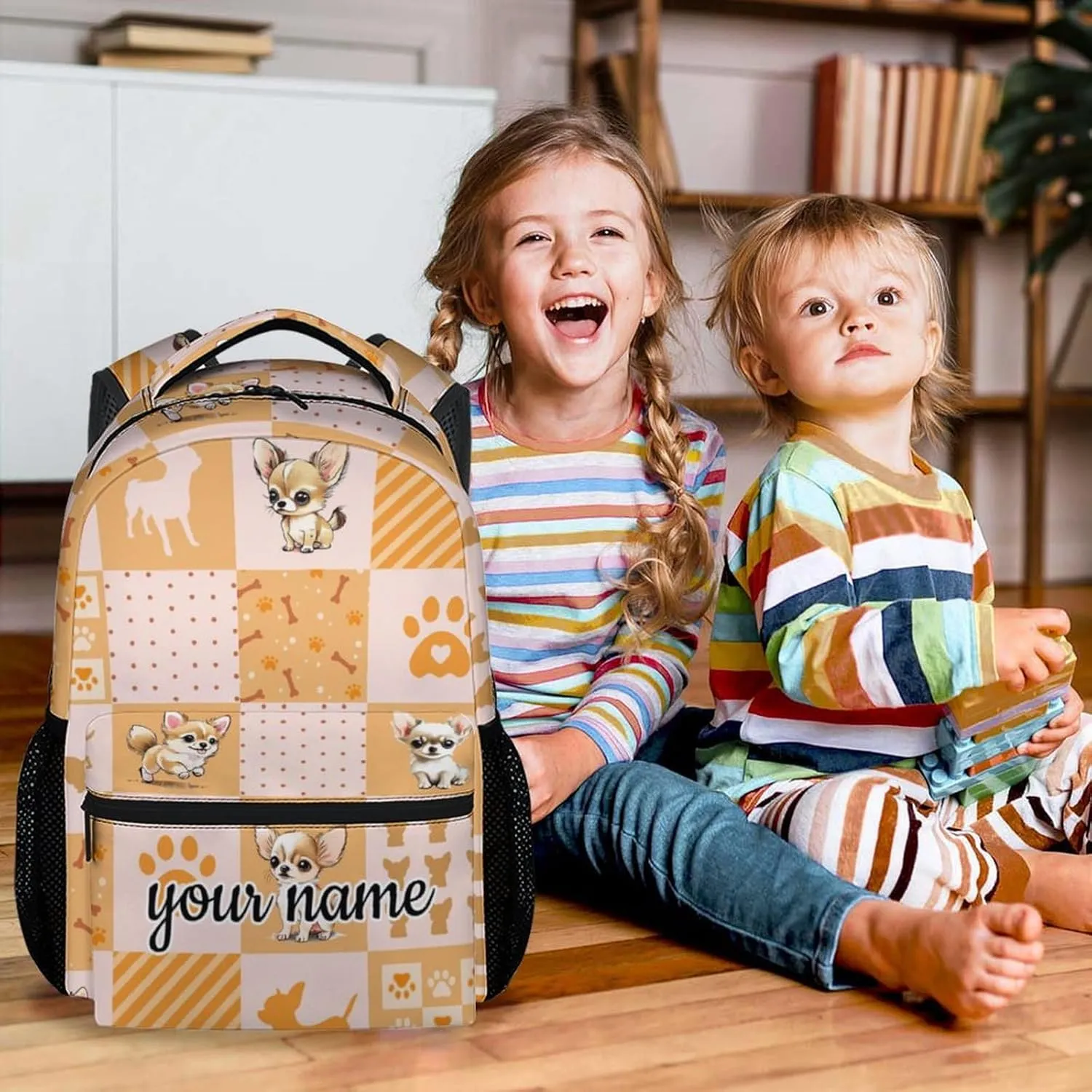 Custom School Backpack for Kids, 17 Inch Yellow Chihuahua Backpacks for Girls, Cute Portable Bookbag for Middle High School