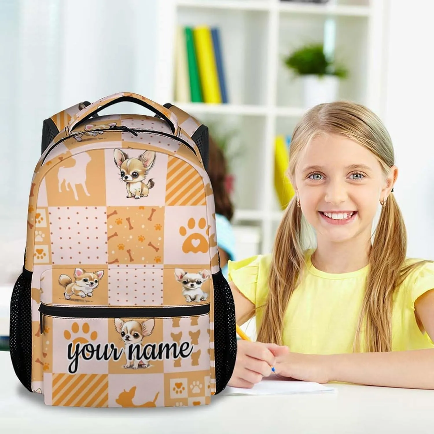 Custom School Backpack for Kids, 17 Inch Yellow Chihuahua Backpacks for Girls, Cute Portable Bookbag for Middle High School