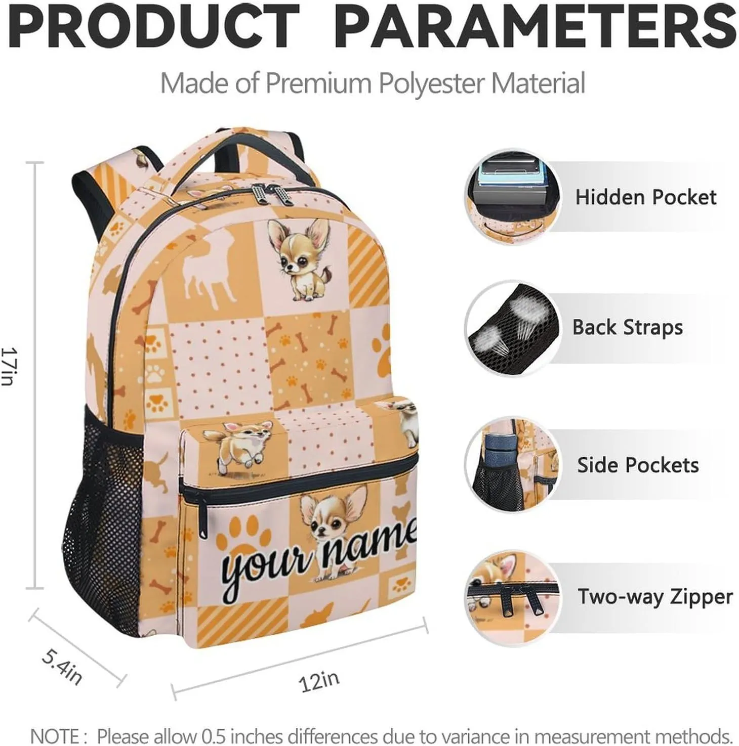 Custom School Backpack for Kids, 17 Inch Yellow Chihuahua Backpacks for Girls, Cute Portable Bookbag for Middle High School