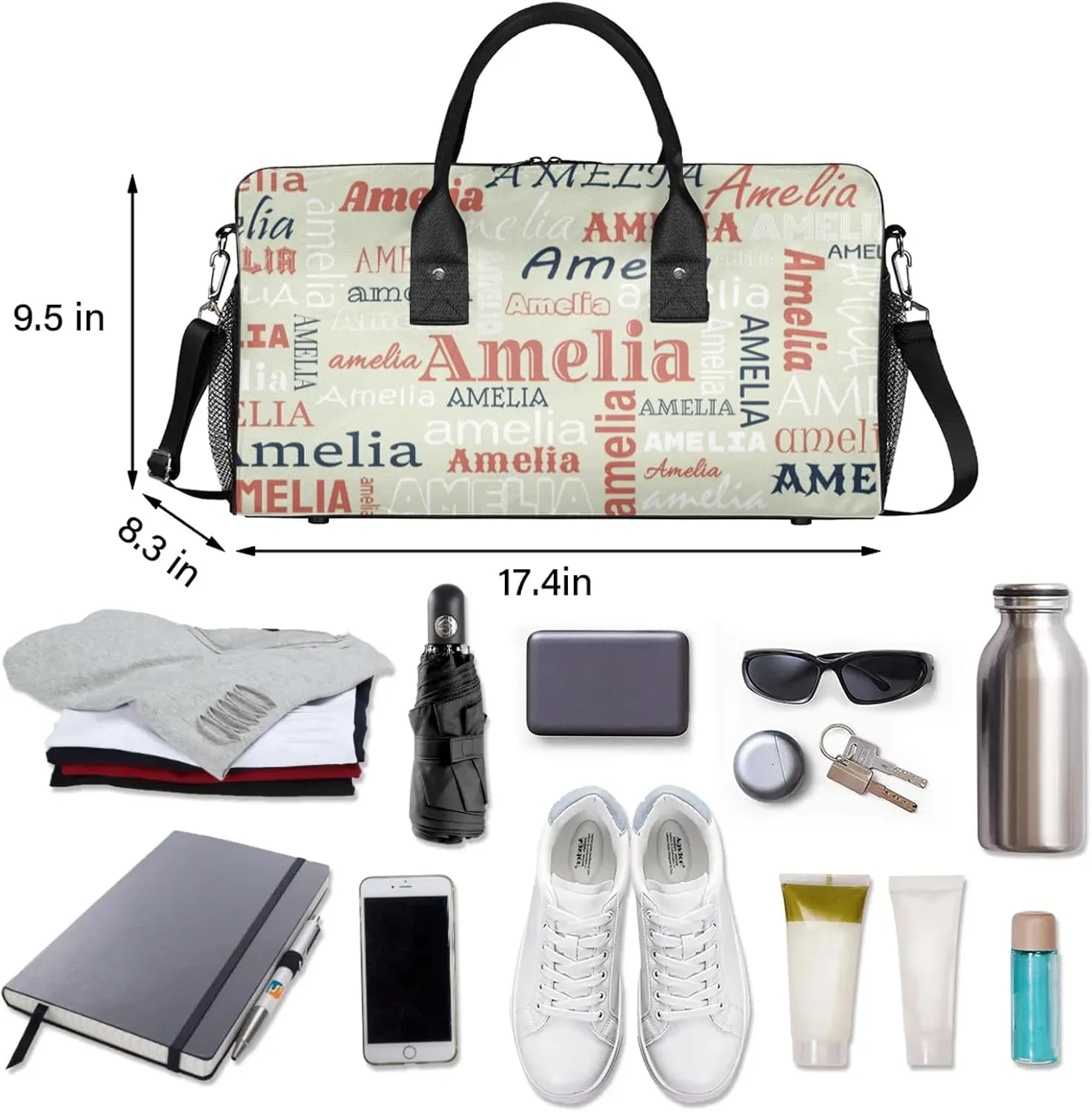 Custom Sports Duffel Bag with Name Personalized Gymnastics Bag for Women Men Dance Ballet Bag Travel Duffels Lightweight 17.4in, Beige