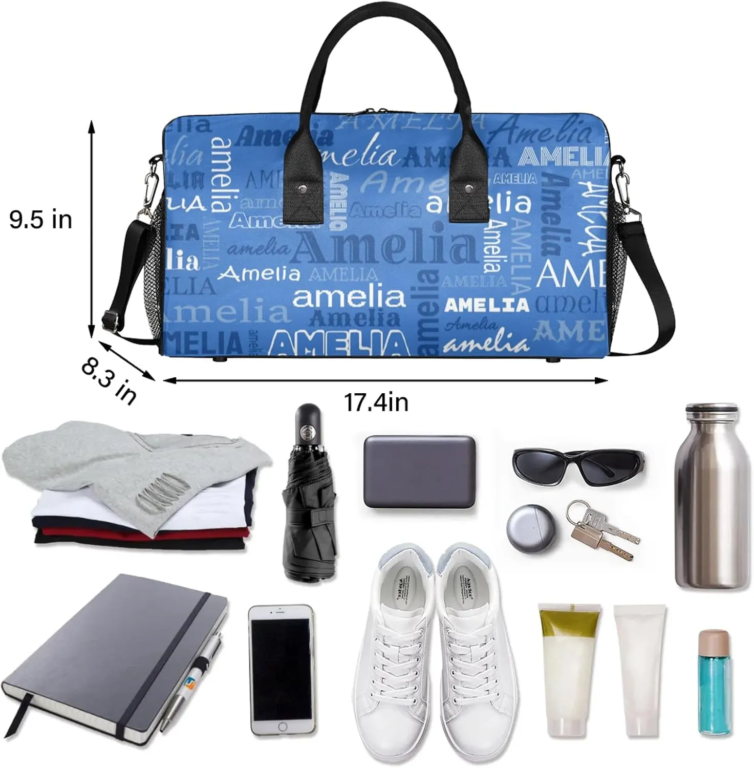 Custom Sports Duffel Bag with Name Personalized Gymnastics Bag for Women Men Dance Ballet Bag Travel Duffels Lightweight 17.4in, Blue