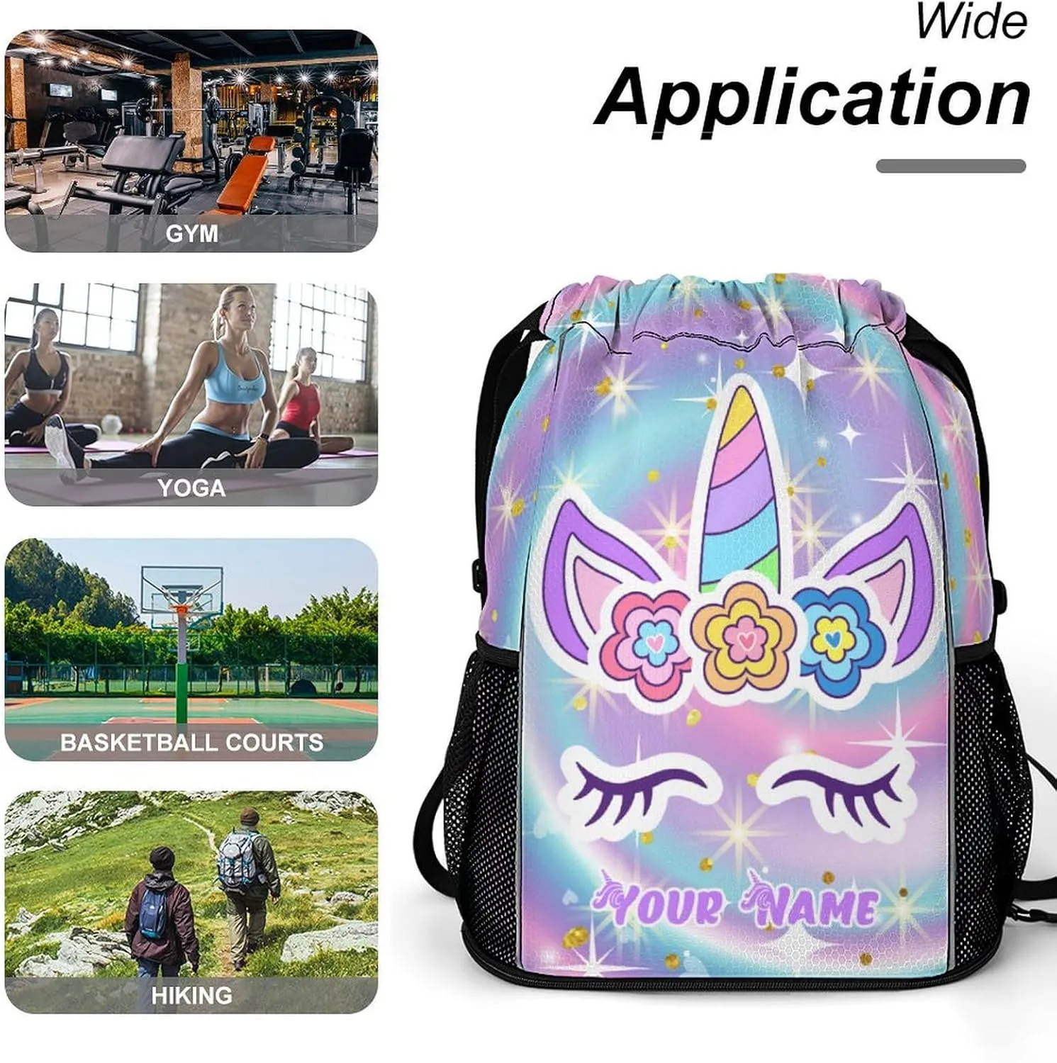 Custom Unicorn Drawstring Backpack - Cute Cinch Sack, String Backpacks with Pocket for Kids Women Men Boys Girls for Gym Outdoor Sports Travel Athletic Drawstring Bag - Lightweight/Foldable