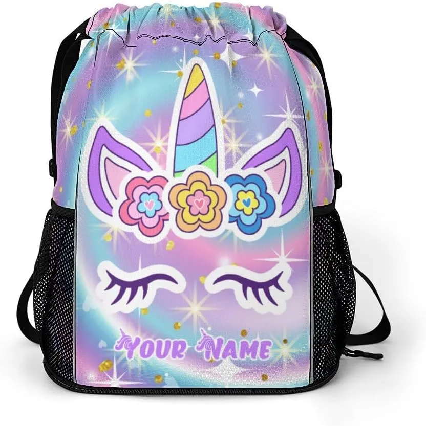 Custom Unicorn Drawstring Backpack - Cute Cinch Sack, String Backpacks with Pocket for Kids Women Men Boys Girls for Gym Outdoor Sports Travel Athletic Drawstring Bag - Lightweight/Foldable