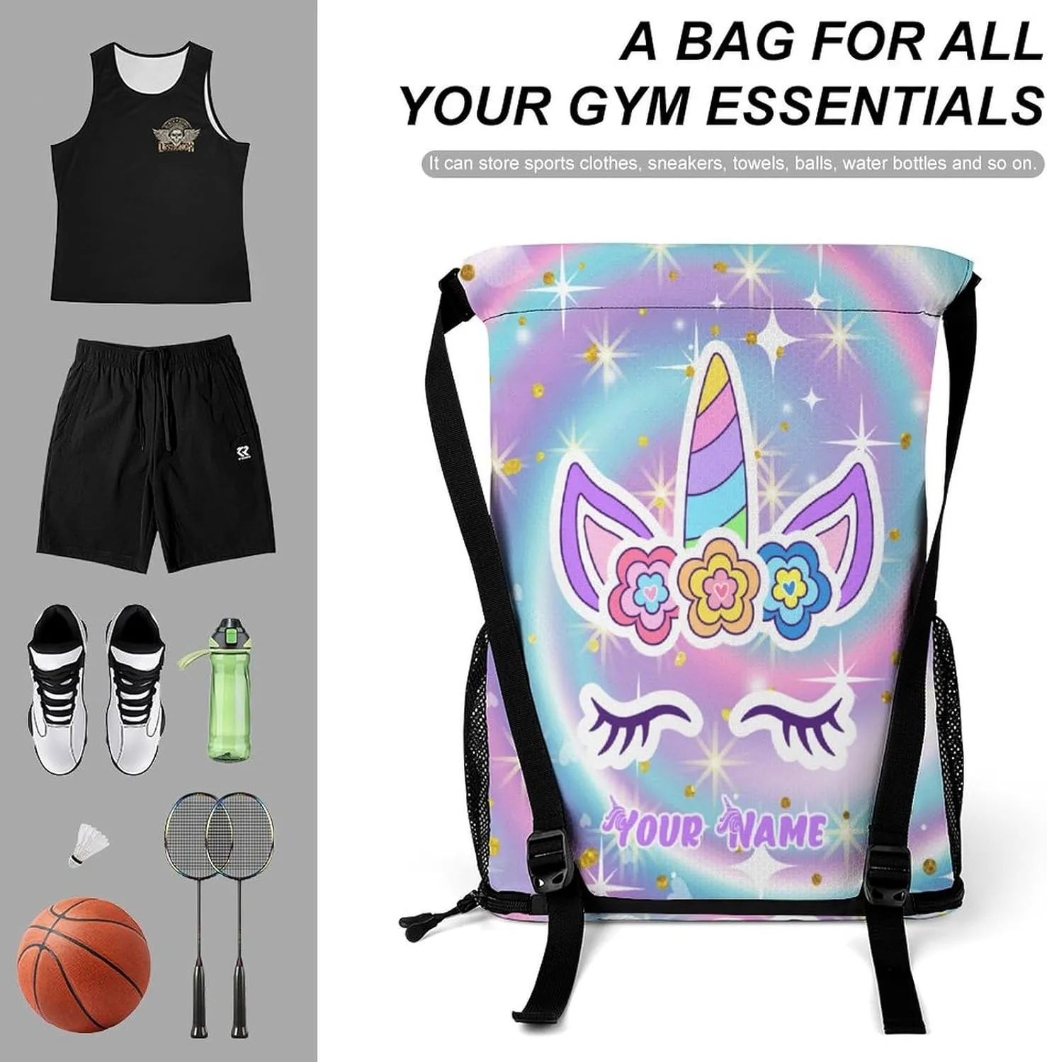 Custom Unicorn Drawstring Backpack - Cute Cinch Sack, String Backpacks with Pocket for Kids Women Men Boys Girls for Gym Outdoor Sports Travel Athletic Drawstring Bag - Lightweight/Foldable