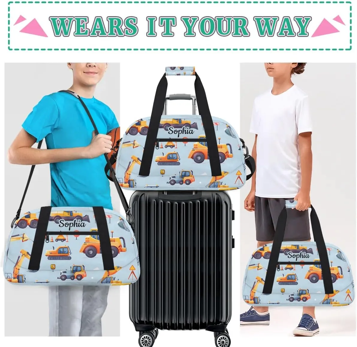 Customized Duffel Bag for Travel Sports Bag for Kids Gym Bag Small Sports Tote As Gifts for Girls and Boys Engineering Vehicle