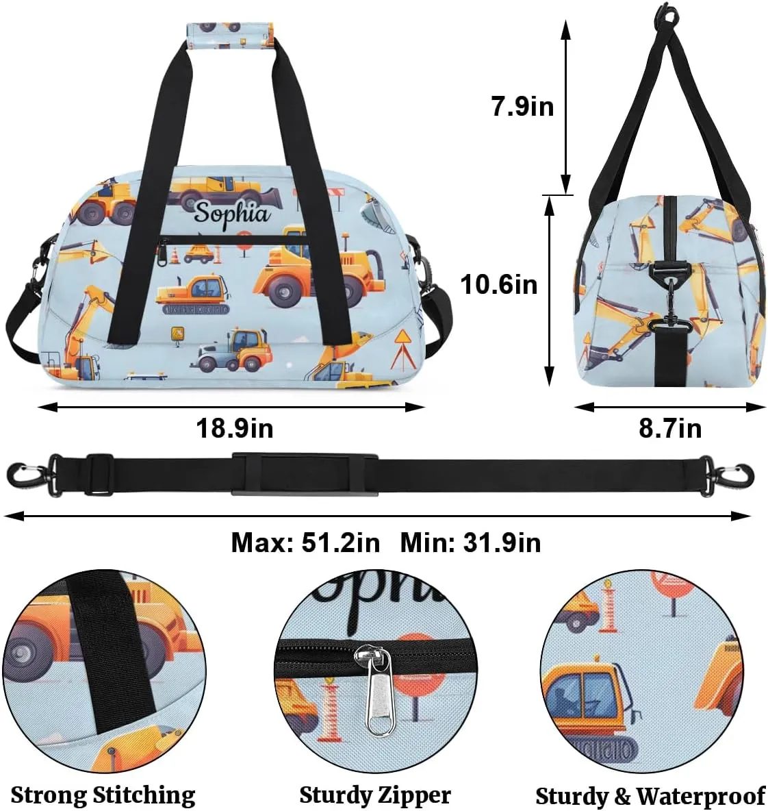 Customized Duffel Bag for Travel Sports Bag for Kids Gym Bag Small Sports Tote As Gifts for Girls and Boys Engineering Vehicle