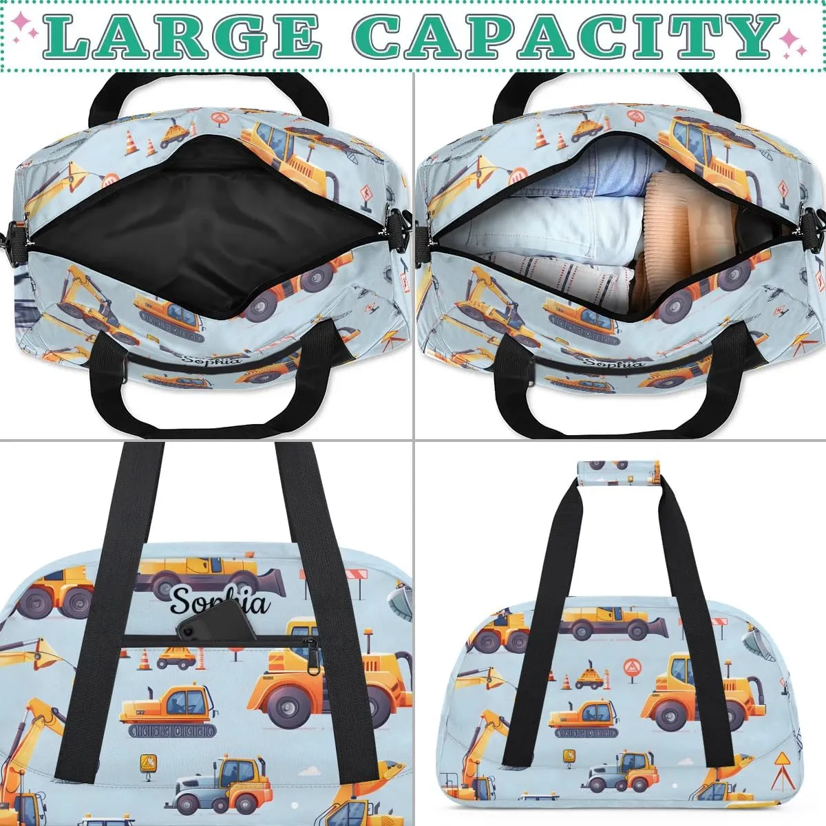 Customized Duffel Bag for Travel Sports Bag for Kids Gym Bag Small Sports Tote As Gifts for Girls and Boys Engineering Vehicle