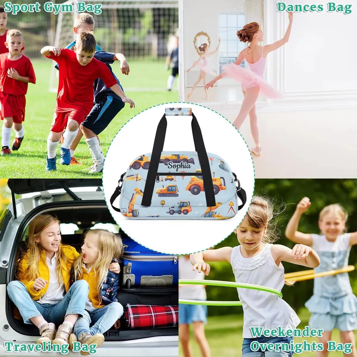Customized Duffel Bag for Travel Sports Bag for Kids Gym Bag Small Sports Tote As Gifts for Girls and Boys Engineering Vehicle