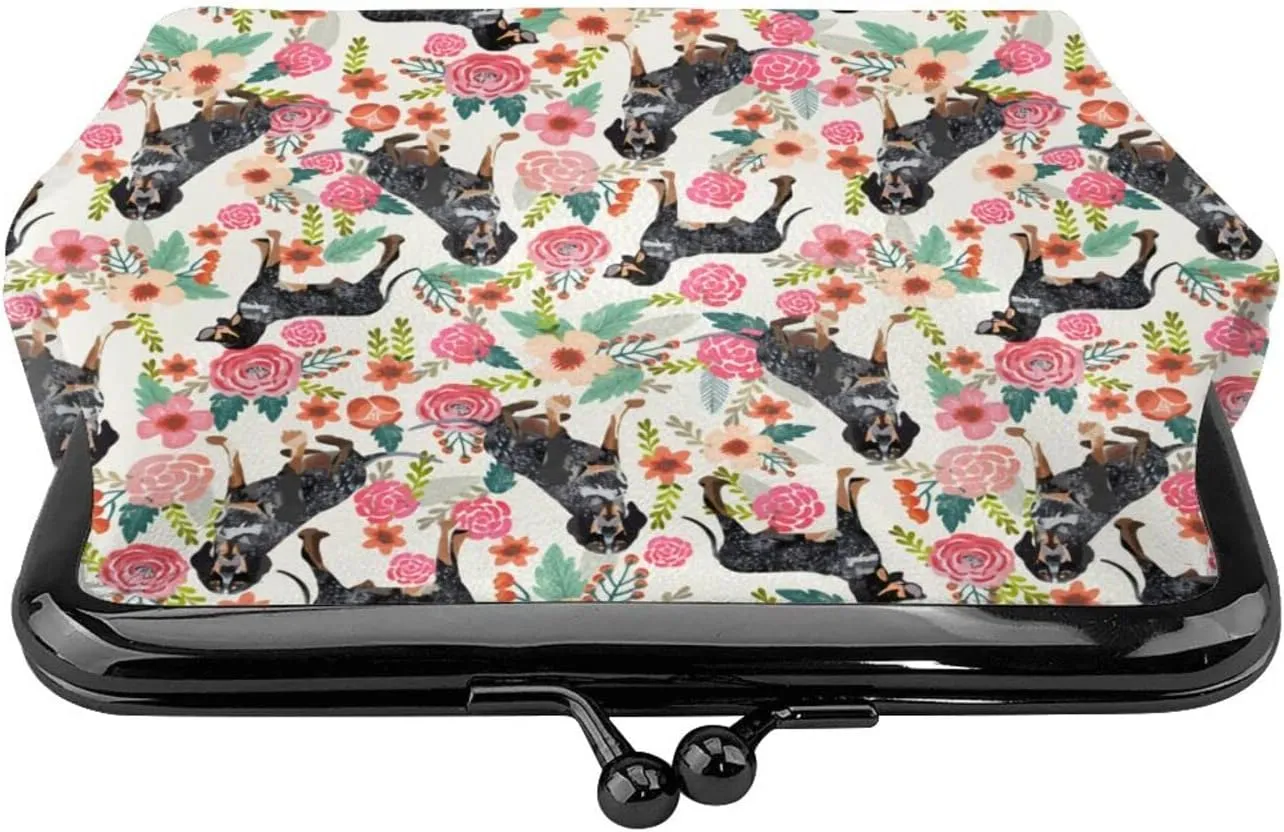 Cute Bluetick Coonhound Dog Puppy Lovers Print Coin Purses For Women Pu Leather Vintage Buckle Coin Kiss-Lock Change Purse Card Holder Pouch Wallets Makeup Bags Flowers Florals Handbag Birthday Gifts