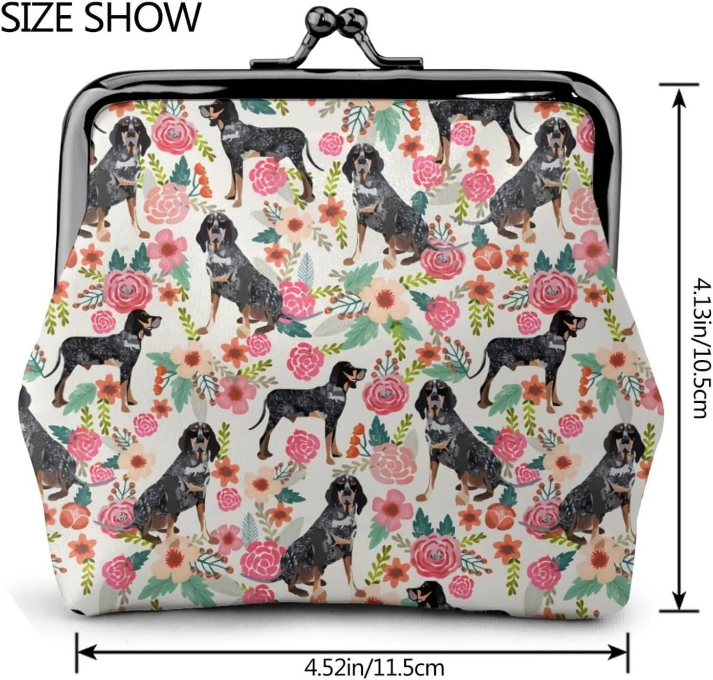 Cute Bluetick Coonhound Dog Puppy Lovers Print Coin Purses For Women Pu Leather Vintage Buckle Coin Kiss-Lock Change Purse Card Holder Pouch Wallets Makeup Bags Flowers Florals Handbag Birthday Gifts