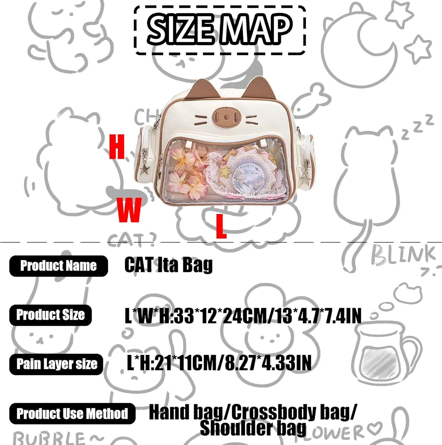 Cute Cat ita bag ita backpack crossbody bag for Y2K Aesthetic pin display with insert