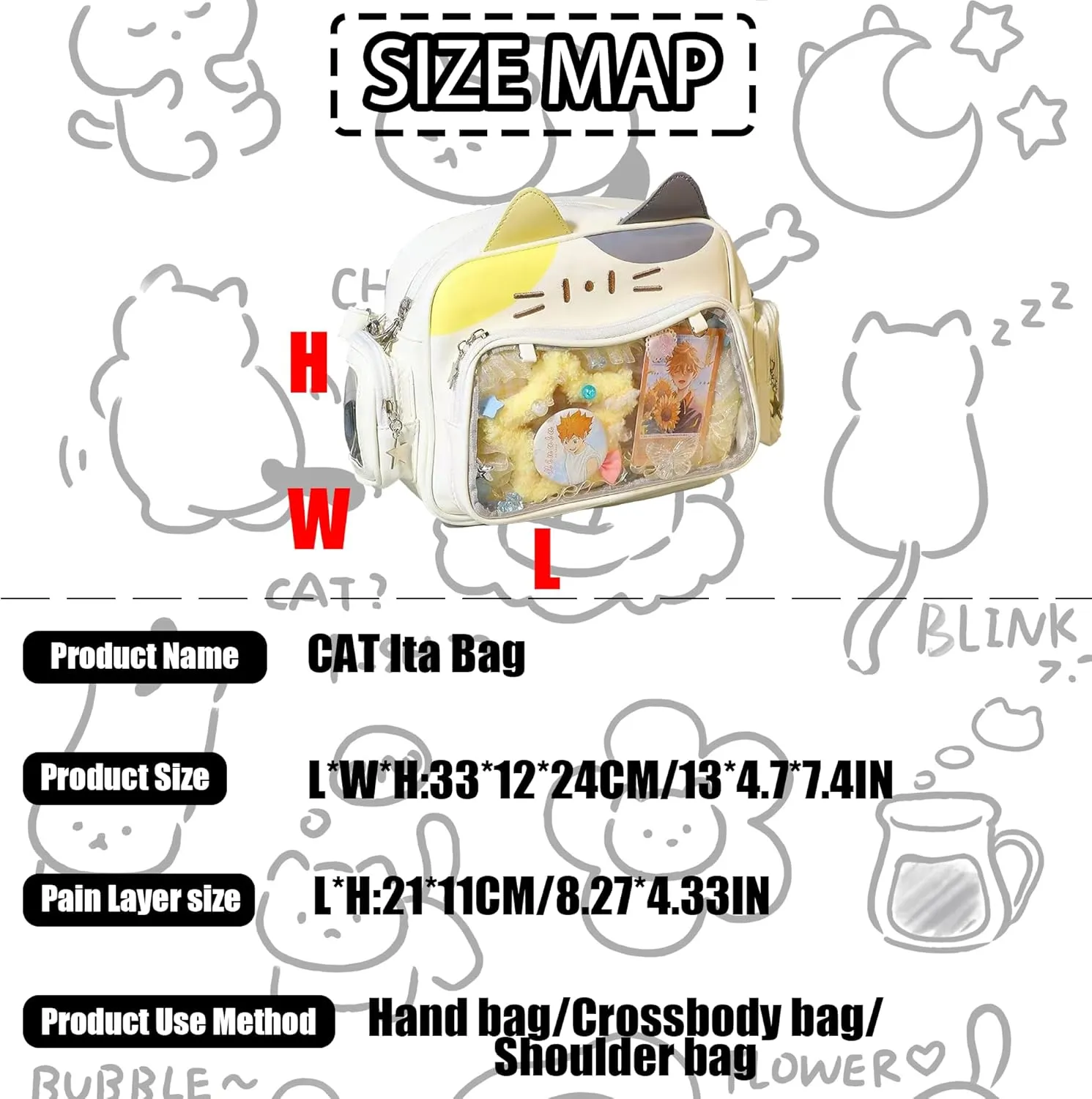 Cute Cat ita bag ita backpack crossbody bag for Y2K Aesthetic pin display with insert