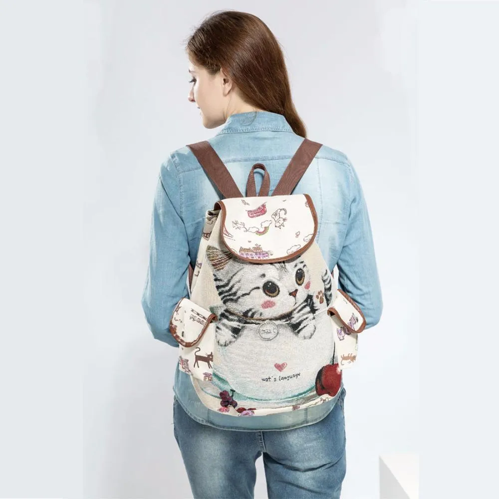 Cute Cats Print Canvas Drawstring Backpacks For Girls