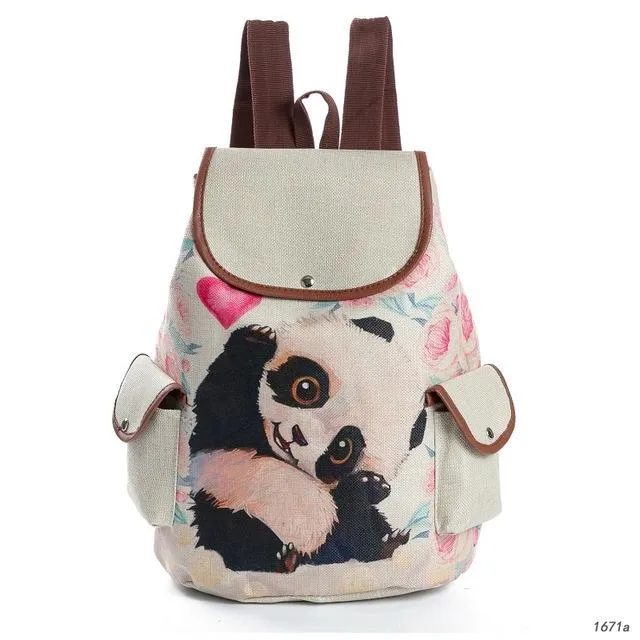 Cute Cats Print Canvas Drawstring Backpacks For Girls