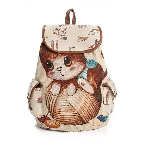 Cute Cats Print Canvas Drawstring Backpacks For Girls