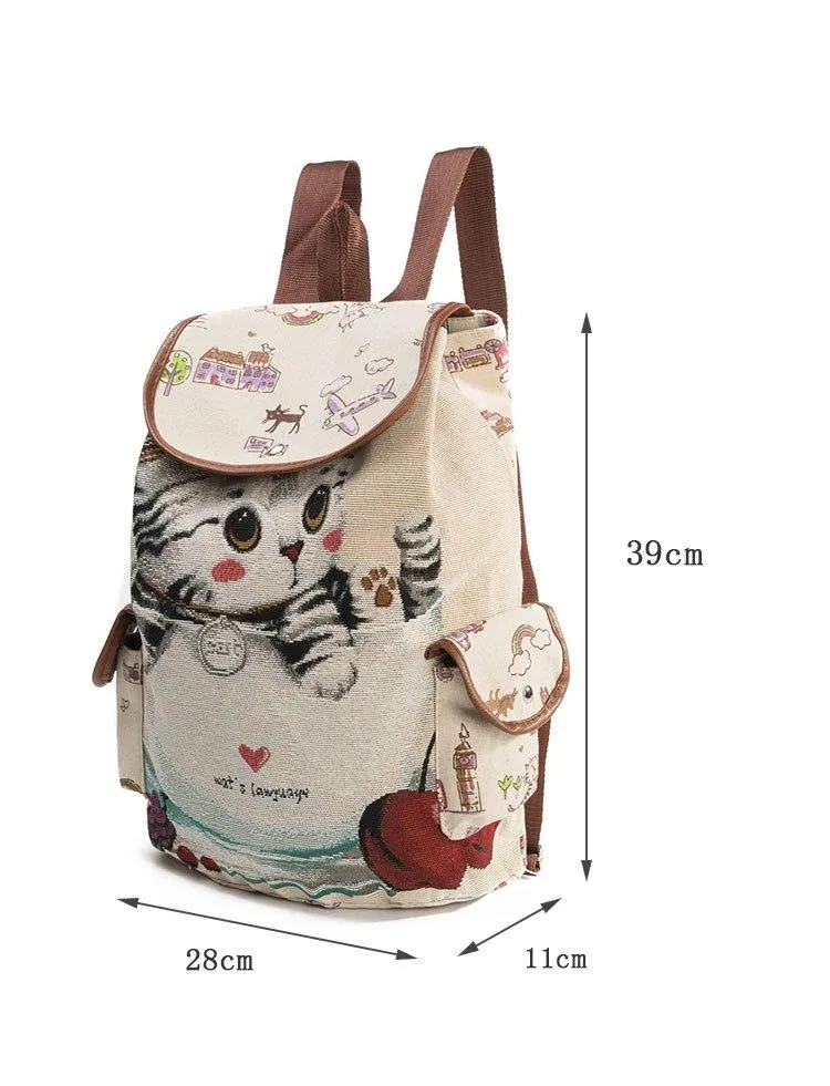 Cute Cats Print Canvas Drawstring Backpacks For Girls