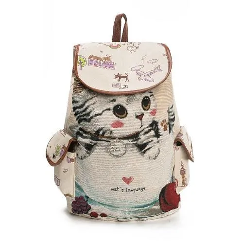 Cute Cats Print Canvas Drawstring Backpacks For Girls