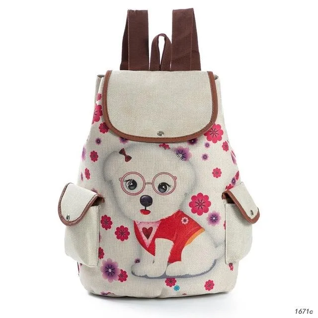 Cute Cats Print Canvas Drawstring Backpacks For Girls