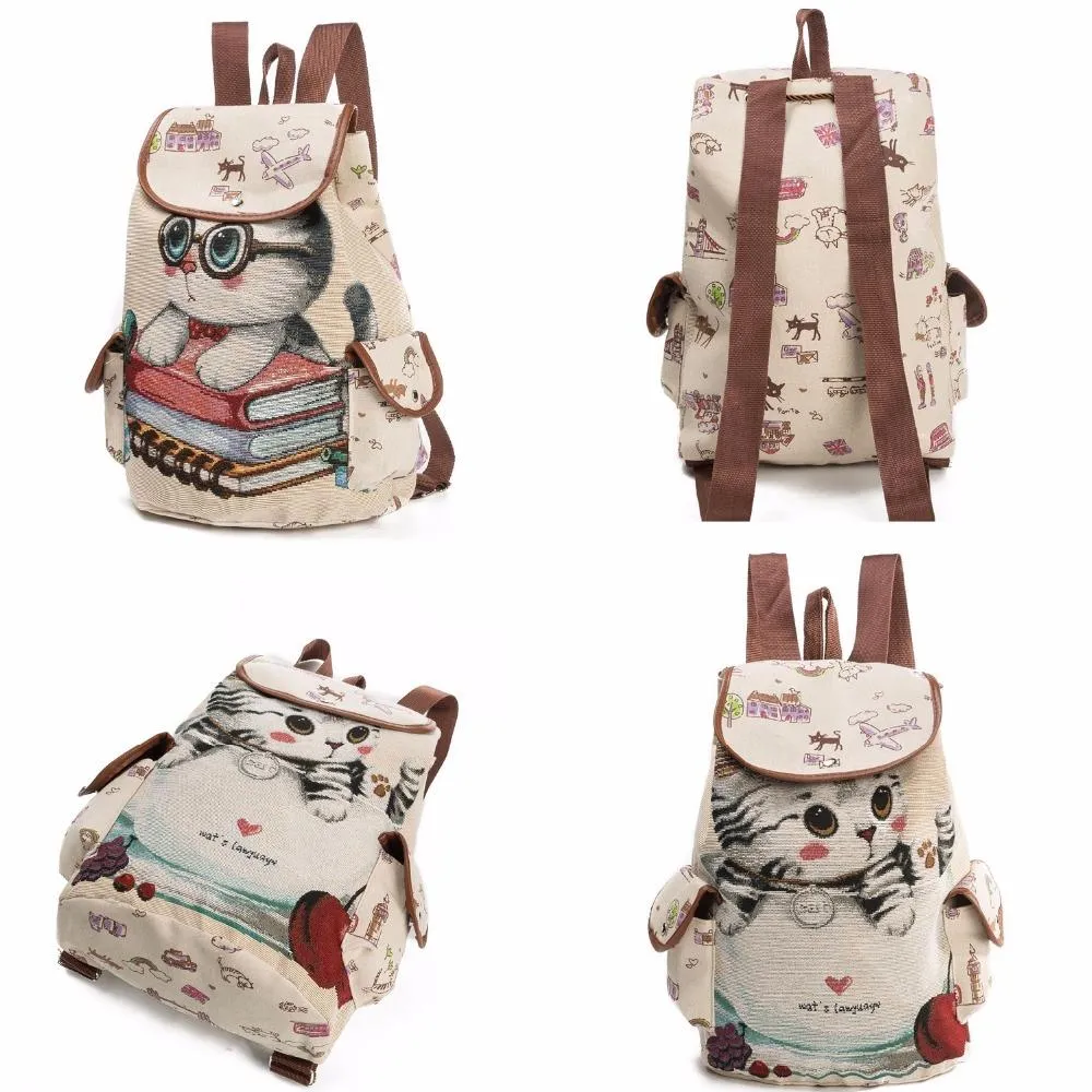 Cute Cats Print Canvas Drawstring Backpacks For Girls