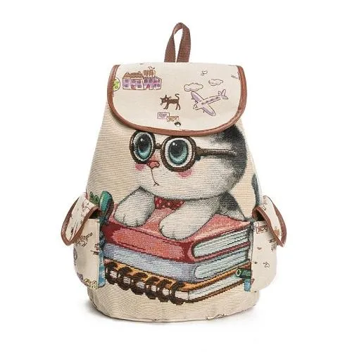 Cute Cats Print Canvas Drawstring Backpacks For Girls