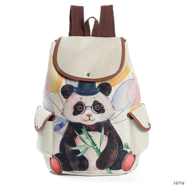 Cute Cats Print Canvas Drawstring Backpacks For Girls